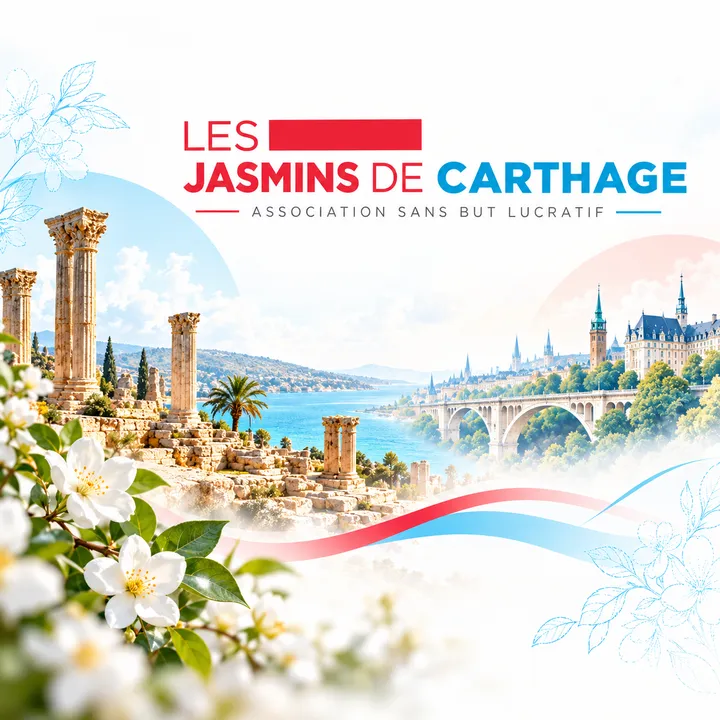 Les Jasmins de Carthage, association sans but lucratif : les ruines de Carthage et la ville de Luxembourg reliées par un ruban rouge et bleu, parmi des fleurs de jasmin.
